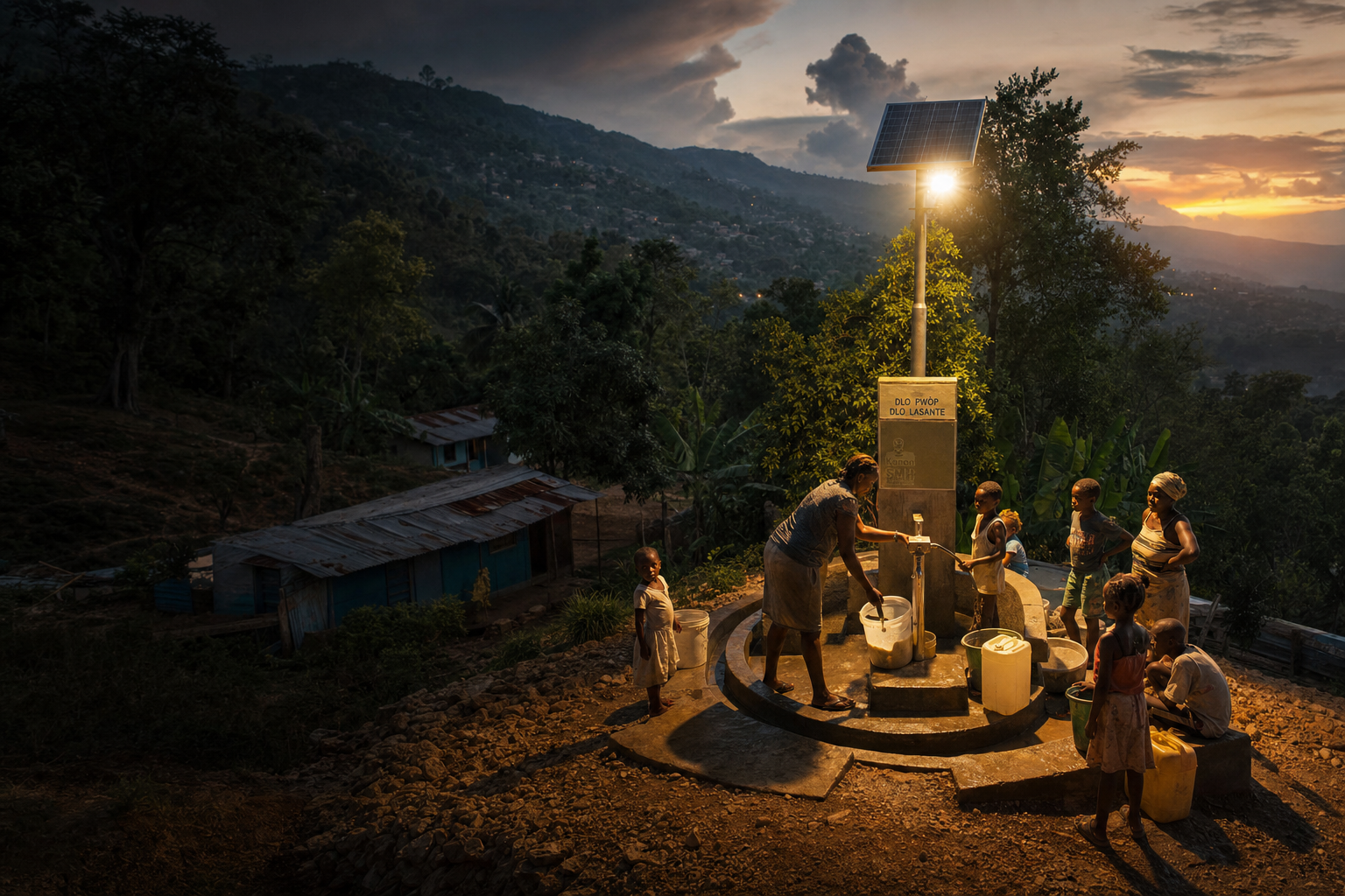 A solar-powered community well lights a hillside village in Haiti at dusk, like a beacon on a hill
