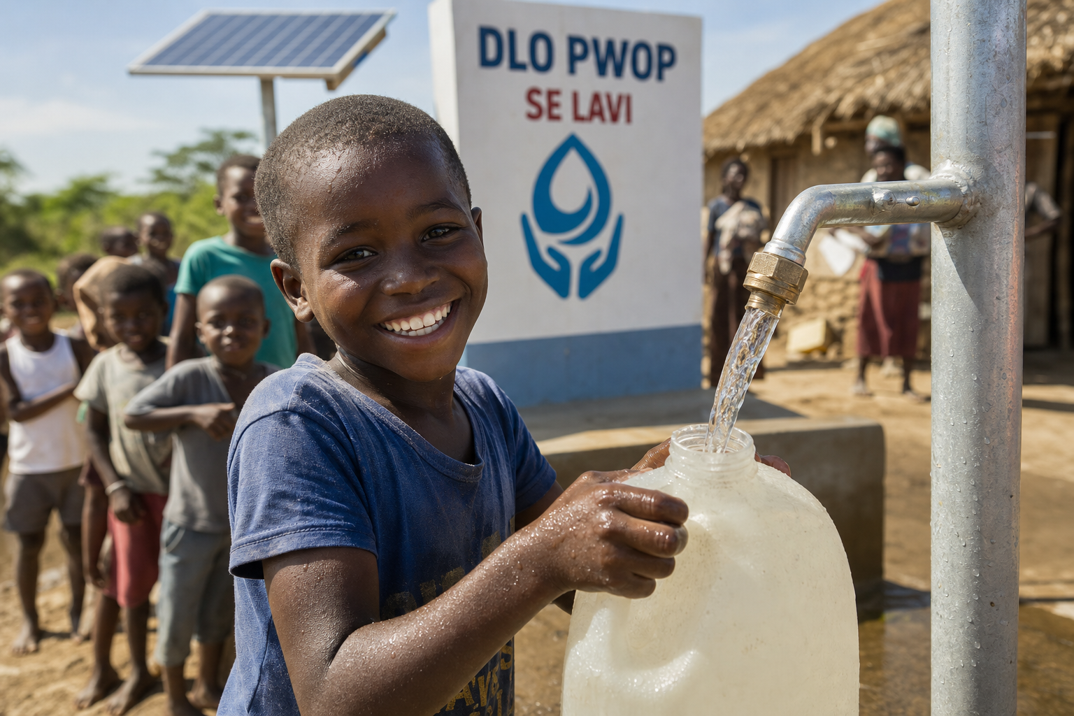 A smiling child fills a container with clean water at a solar-powered community well