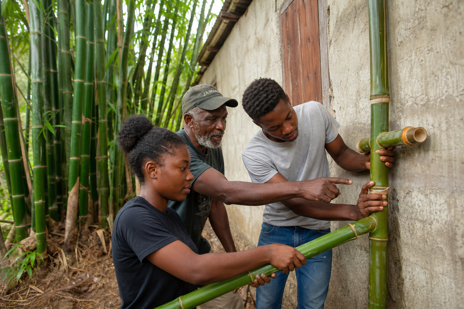 A mentor teaches two young adults how to install sustainable bamboo water piping on a home